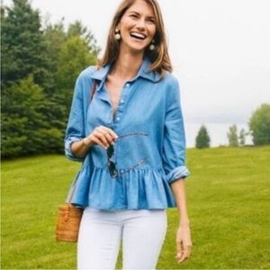 Tuckernuck Pomander Place blue chambray peplum long sleeve button blouse XS